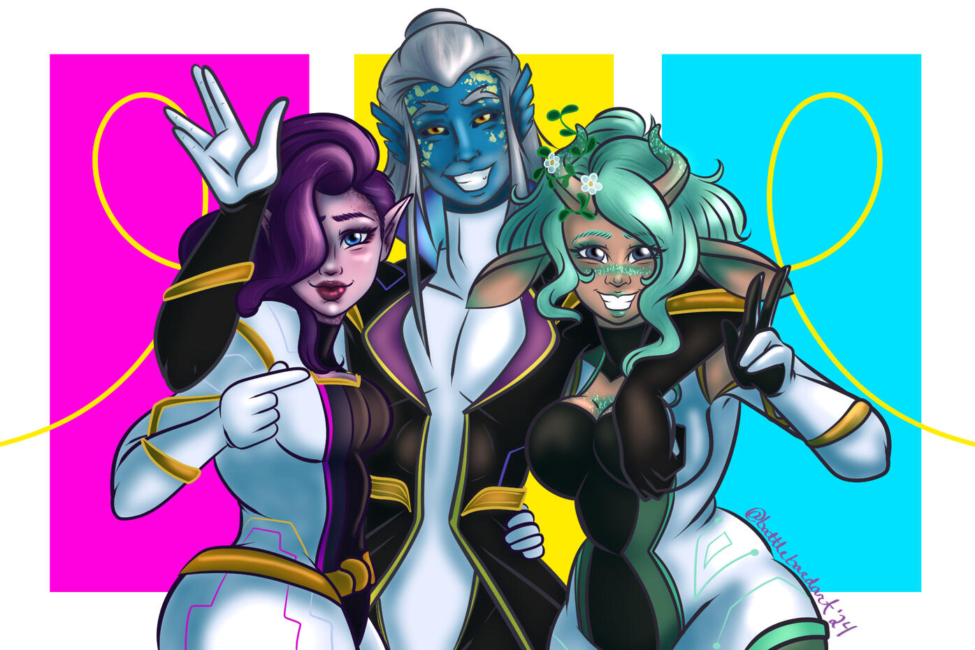 Three characters in futuristic space uniforms pose in front of the camera. One is a lavender skinned elf looking woman, one is a tall fish like man, and one if Bard.